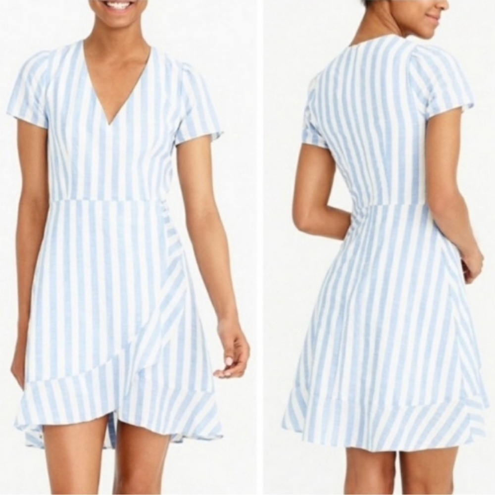 J. Crew Blue White Striped Ruffle Wrap Dress Size 6 Short Sleeve V Neck - Picture 2 of 10